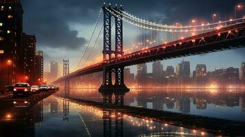 luminoso reflexões período noturno brilho do uma famoso ponte, generativo ai foto