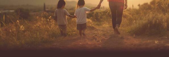 feliz família mãe pai e filha andar em natureza em pôr do sol aguarde mão. ai generativo foto