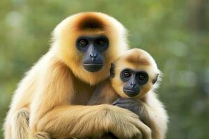 fechar imagem do bochecha gibão macaco mãe com uma criança dentro a floresta. generativo ai foto