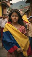 uma lindo menina é segurando a bandeira do Colômbia. foto