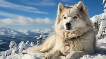 majestoso alaskan malamute dentro coberto de neve floresta foto