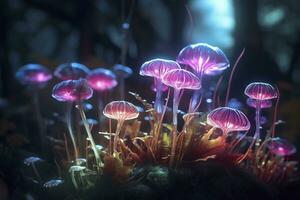 uma bioluminescente estrangeiro cristal floresta com flores, bioluminescente carnívoro plantas, ai generativo foto