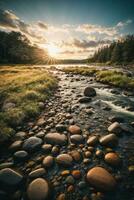 floresta rio com pedras em margens às pôr do sol. ai gerado foto