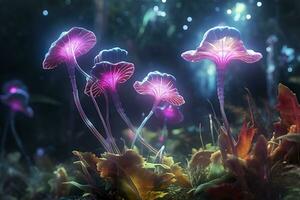 uma bioluminescente estrangeiro cristal floresta com flores, bioluminescente carnívoro plantas, ai generativo foto