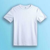 simples branco t camisa em suave azul fundo. ai generativo foto