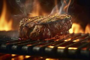 carne bife em a grade com fumaça e chamas. ai generativo foto