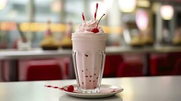 cereja milkshake dentro uma clássico americano o jantar. Comida fotografia conceito. generativo ai foto