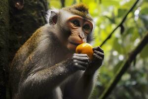 fechar acima do macaco comendo fruta dentro a selva. generativo ai foto