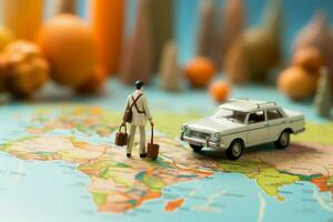 miniatura homem de negocios raças com Bolsa e mala de viagem perto uma colorida mundo mapa e minúsculo branco carro ai gerado foto