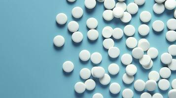 topo Visão branco remédio comprimidos antibiótico pílulas em uma suave azul fundo, cópia de espaço, farmacia tema, ai generativo foto