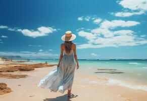 ai generativo jovem turista mulher dentro verão vestir e chapéu em pé em lindo arenoso de praia. fofa menina desfrutando foto