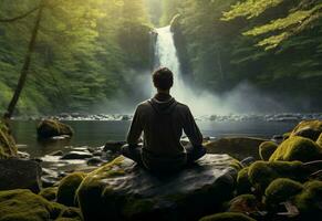 ai generativo foto do uma homem praticando atenção e meditação dentro uma pacífico natural meio Ambiente sony a7s realista imagem, ultra hd, Alto Projeto muito detalhado