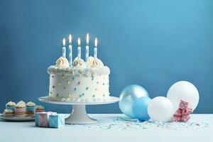 aniversário bolo com velas e doces em branco mesa perto azul muro. generativo ai foto