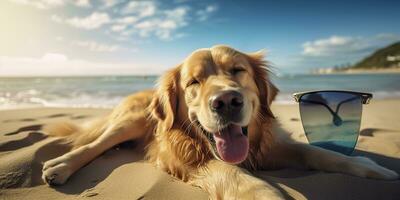 dourado retriever cachorro é em verão período de férias às beira-mar recorrer e relaxante descansar em verão de praia do Havaí. ai generativo foto