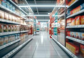 ai generativo embaçado compras prateleiras dentro supermercados e departamento lojas realista imagem ultra hd Alto Projeto foto