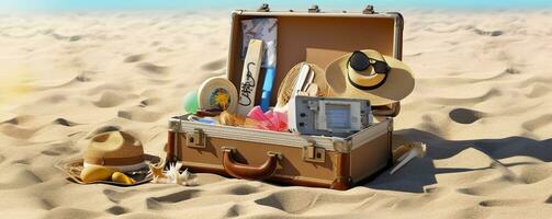 de praia preparação, acessórios dentro mala de viagem em areia. generativo ai foto