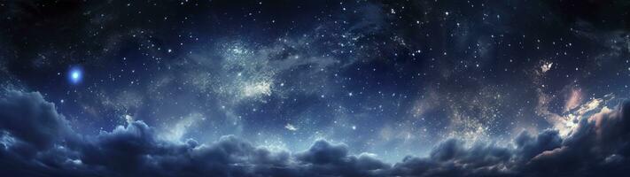 panorama Sombrio azul noite céu, leitoso caminho e estrelas em Sombrio fundo, universo preenchidas com estrelas, nebulosa e galáxia, ai generativo foto