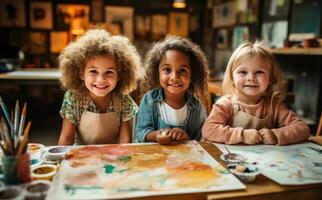 crianças pintura dentro arte classe foto
