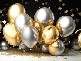 aniversário dourado e prata balões presente caixas . generativo ai foto