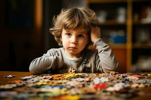 criança face flutua entre confusão e iluminação enquanto estudando educacional quebra-cabeças foto