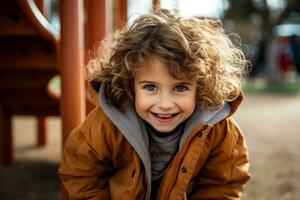 tímido criança rubor e evitando olho contato durante uma Parque infantil interação foto