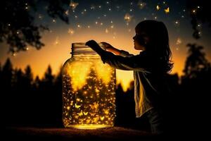uma criança capturando uma vaga-lume dentro uma jarra isolado em uma crepúsculo gradiente fundo foto