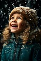 uma criança pegando queda flocos de neve isolado em uma inverno gradiente fundo foto