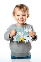 uma triunfante criança exibindo uma acabado enigma isolado em uma branco fundo foto