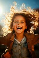 uma alegre criança fiação com braços Largo aberto isolado em uma ensolarado gradiente fundo foto