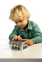 uma intrigado criança examinando uma geometria cubo isolado em uma branco fundo foto
