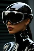 glamouroso andróides dentro futurista moda acentuado com minimalista era espacial acessórios foto