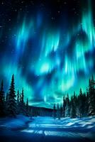 uma tirar o fôlego noite céu iluminado de a deslumbrante matizes do a aurora boreal uma majestoso fundo com esvaziar espaço para texto foto