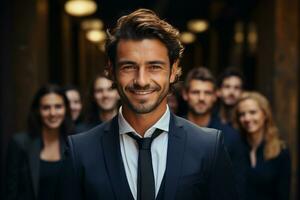 ai generativo grupo do feliz o negócio homem e o negócio mulheres, vestido dentro ternos estão sorridente, dentro a escritório foto