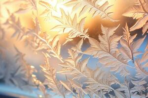 intrincado geada padrões em inverno vidros das janelas belas em destaque dentro manhã luz solar foto