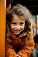 tímido criança rubor e evitando olho contato durante uma Parque infantil interação foto