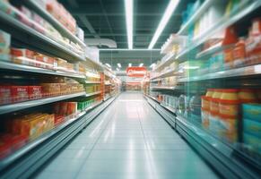 ai generativo embaçado compras prateleiras dentro supermercados e departamento lojas realista imagem ultra hd Alto Projeto foto