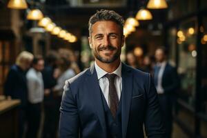 ai generativo grupo do feliz o negócio homem e o negócio mulheres, vestido dentro ternos estão sorridente, dentro a escritório foto