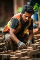 bonito indiano homem trabalhando em construção local colocação tijolos dentro lado Visão foto