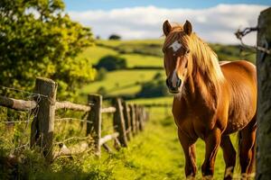 uma selado cavalo amarrado para uma de madeira cerca dentro uma exuberante verde campo foto