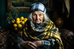 velho mulher dentro acolhedor xadrez fez a partir de limões e gengibre foto
