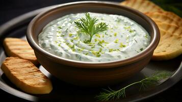 foto do tzatziki Como uma prato dentro uma sofisticado restaurante. generativo ai