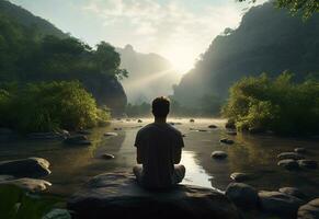 ai generativo foto do uma homem praticando atenção e meditação dentro uma pacífico natural meio Ambiente sony a7s realista imagem, ultra hd, Alto Projeto muito detalhado