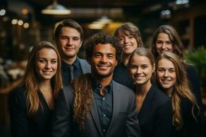 ai generativo grupo do feliz o negócio homem e o negócio mulheres, vestido dentro ternos estão sorridente, dentro a escritório foto