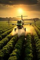 trator pulverização pesticidas em verde soja plantação às pôr do sol capturado a partir de a aéreo perspectiva foto