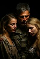 choroso reunião do uma veterano e dele família isolado em uma sincero gradiente fundo foto