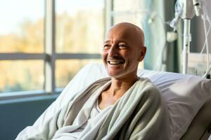 Careca homem sorridente dentro Câncer hospital cama com esvaziar espaço para texto foto