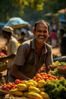 uma movimentado mercado com agricultores orgulhosamente exibindo seus colorida produzir enquanto artesãos mostruário requintado trabalhos manuais no meio alegre Felicidades e riso foto