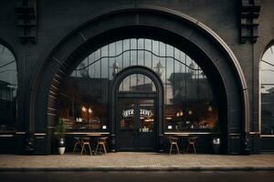 uma Sombrio Preto restaurante com uma circular arqueado Entrada foto