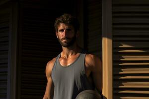 bonito homem com basquetebol em moda estilo fundo foto