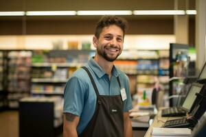 masculino caixa sorridente às a supermercado foto